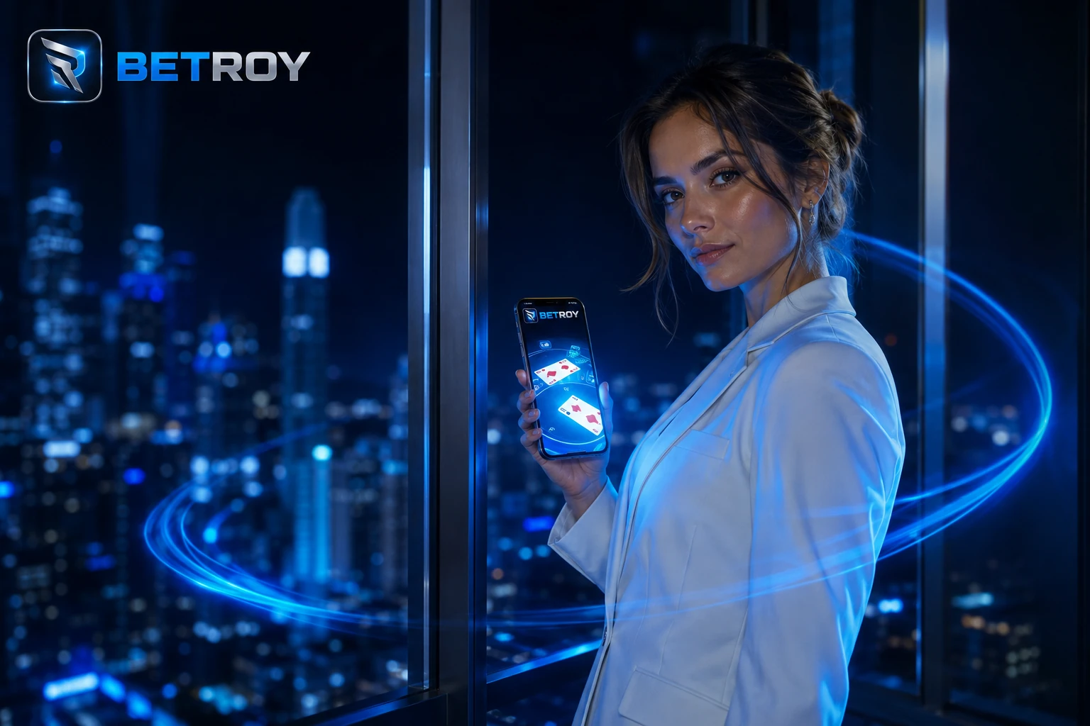 Betroy güncel giriş - beyaz ceketli kadın, gökdelen katından gece manzarasına karşı telefonuyla