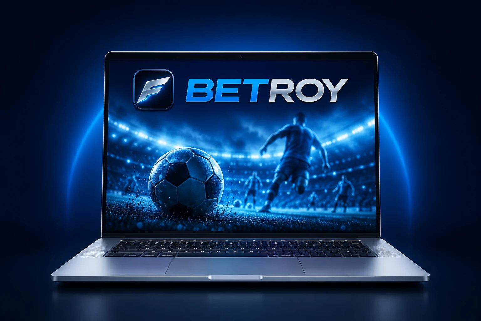 Betroy üyelik açma ve yatırım adımları için dizüstü bilgisayar, ekranında stadyum ve futbol topu