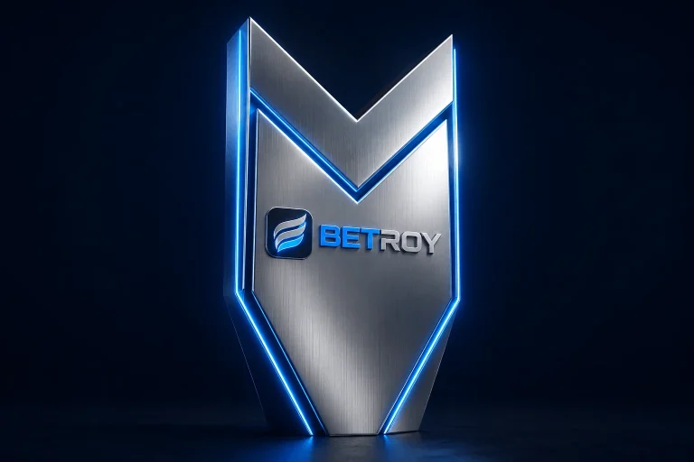 Betroy güncel giriş - mavi neon ışıkta metalik şampiyon kupası