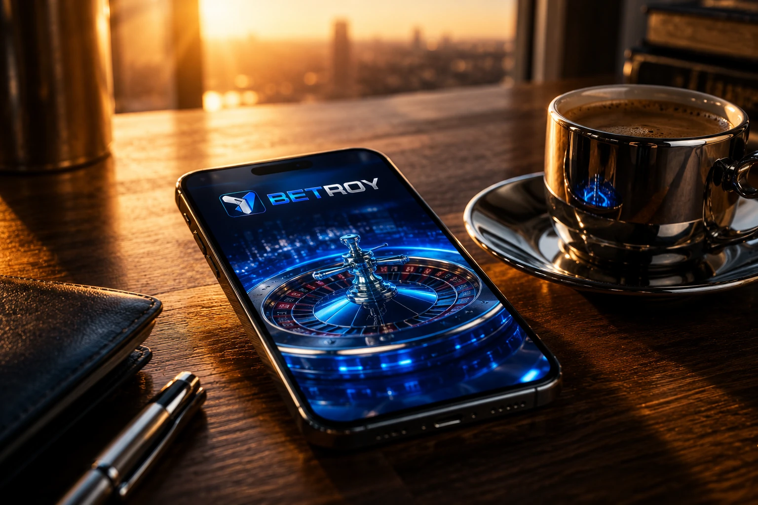 Betroy mobil giriş için masada duran telefon, gün batımında rulet ekranı
